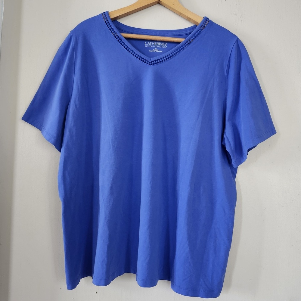 Catherines Womens 1X 18/20W Suprema Collection Blue Crochet V- Neck Top Shirt
